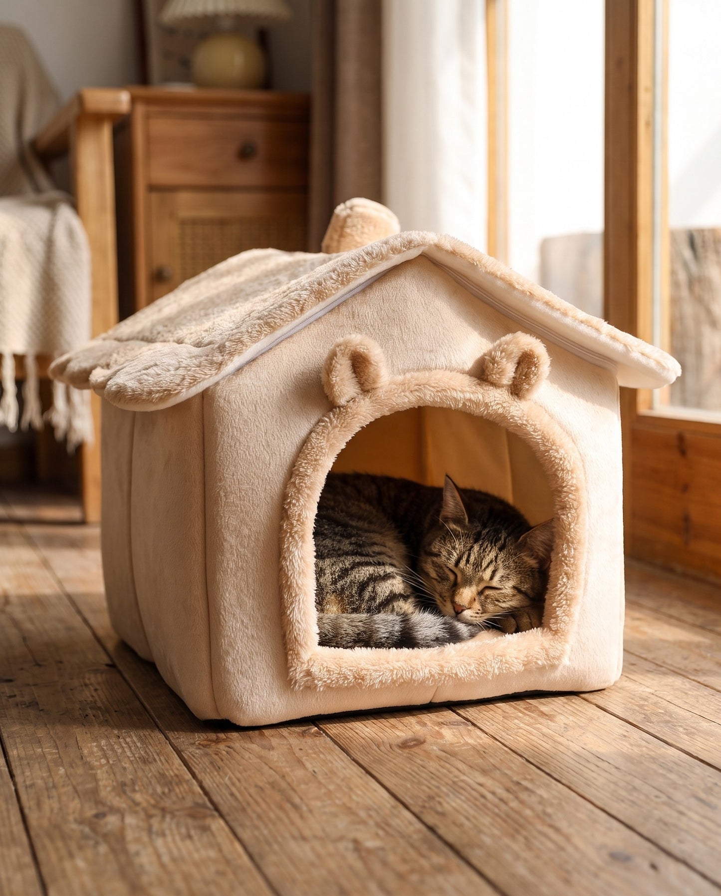 House-Shaped Plush Cat Cave Bed, in use at home