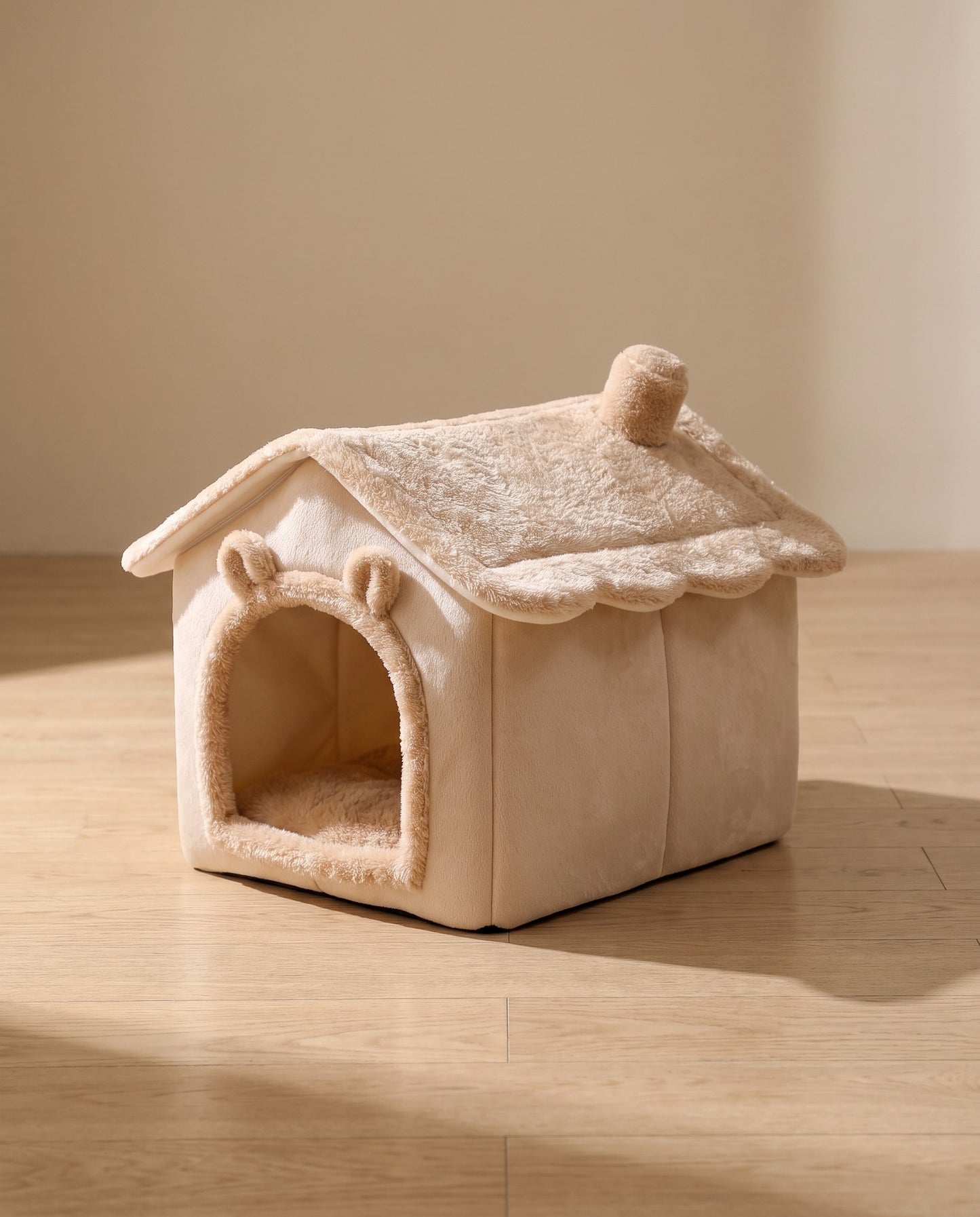 House-Shaped Plush Cat Cave Bed, styled in a home setting