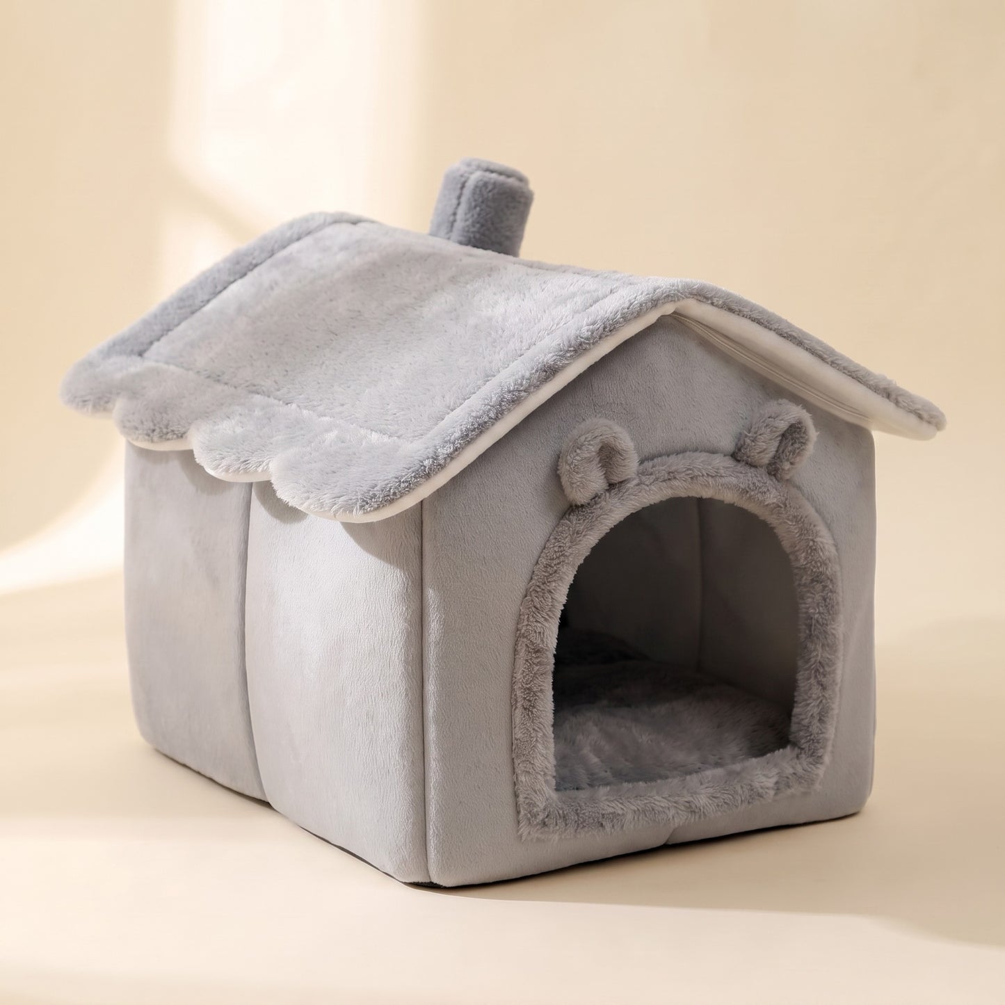 House-Shaped Plush Cat Cave Bed in Gray