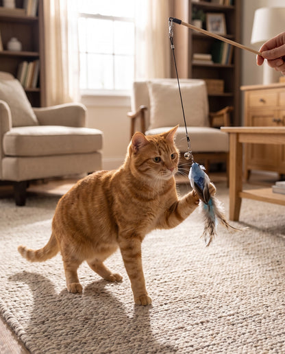 Replacement Feather Lures for Cat Wands, in use at home