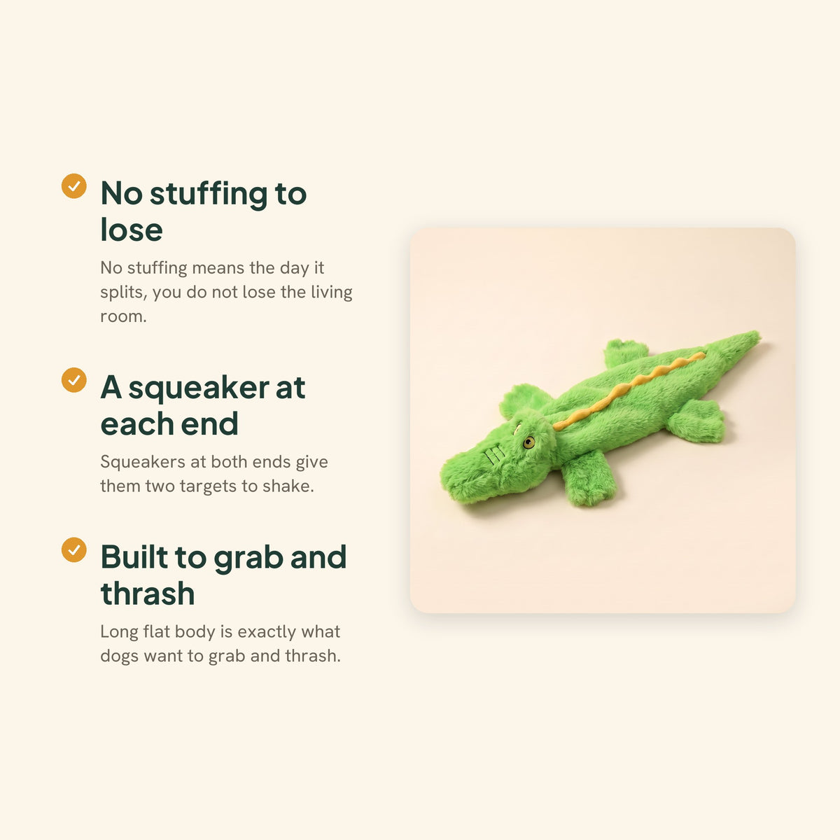 No-Stuffing Squeaky Dog Toys, Green Crocodile, key benefits