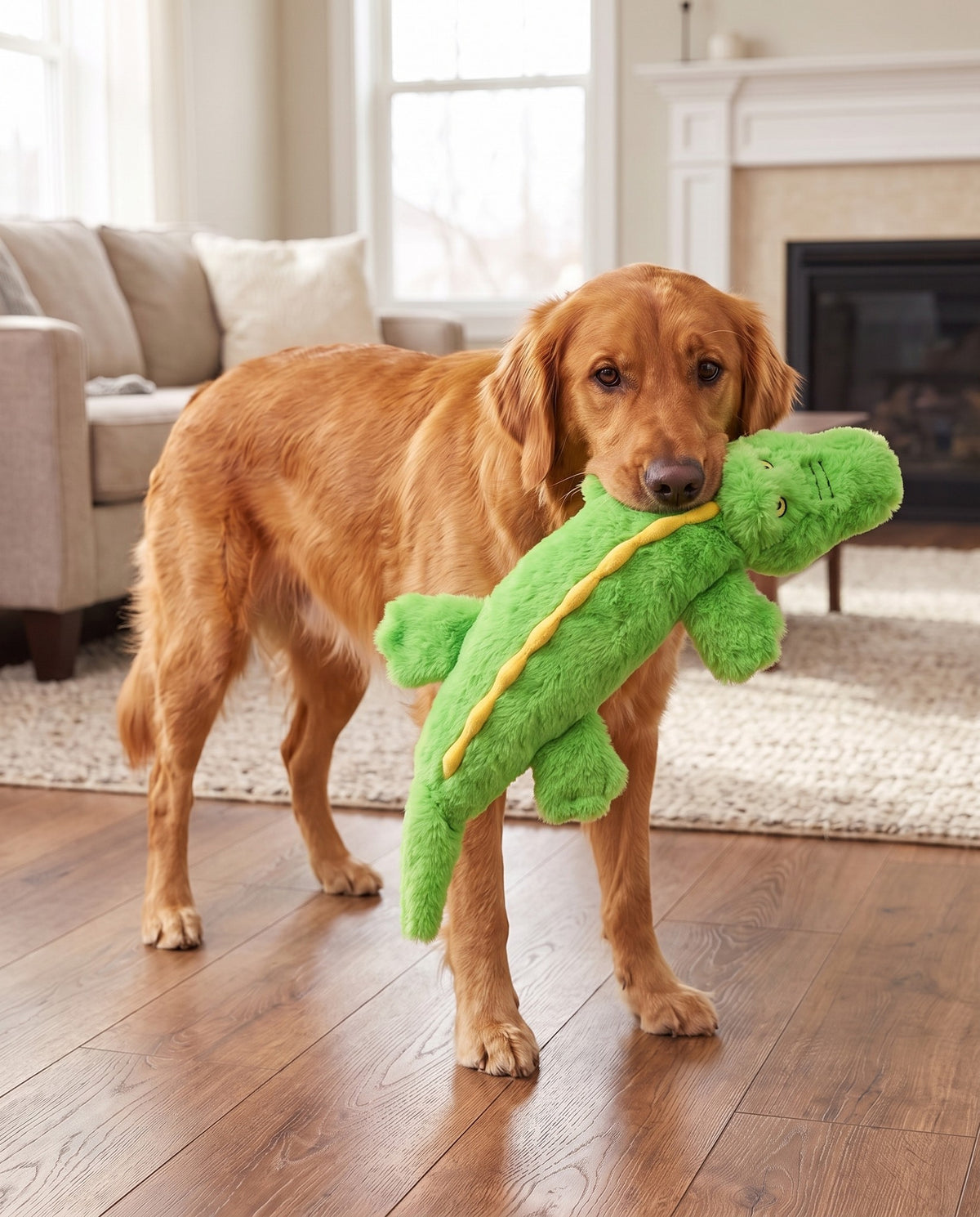 No-Stuffing Squeaky Dog Toys, Green Crocodile, in use