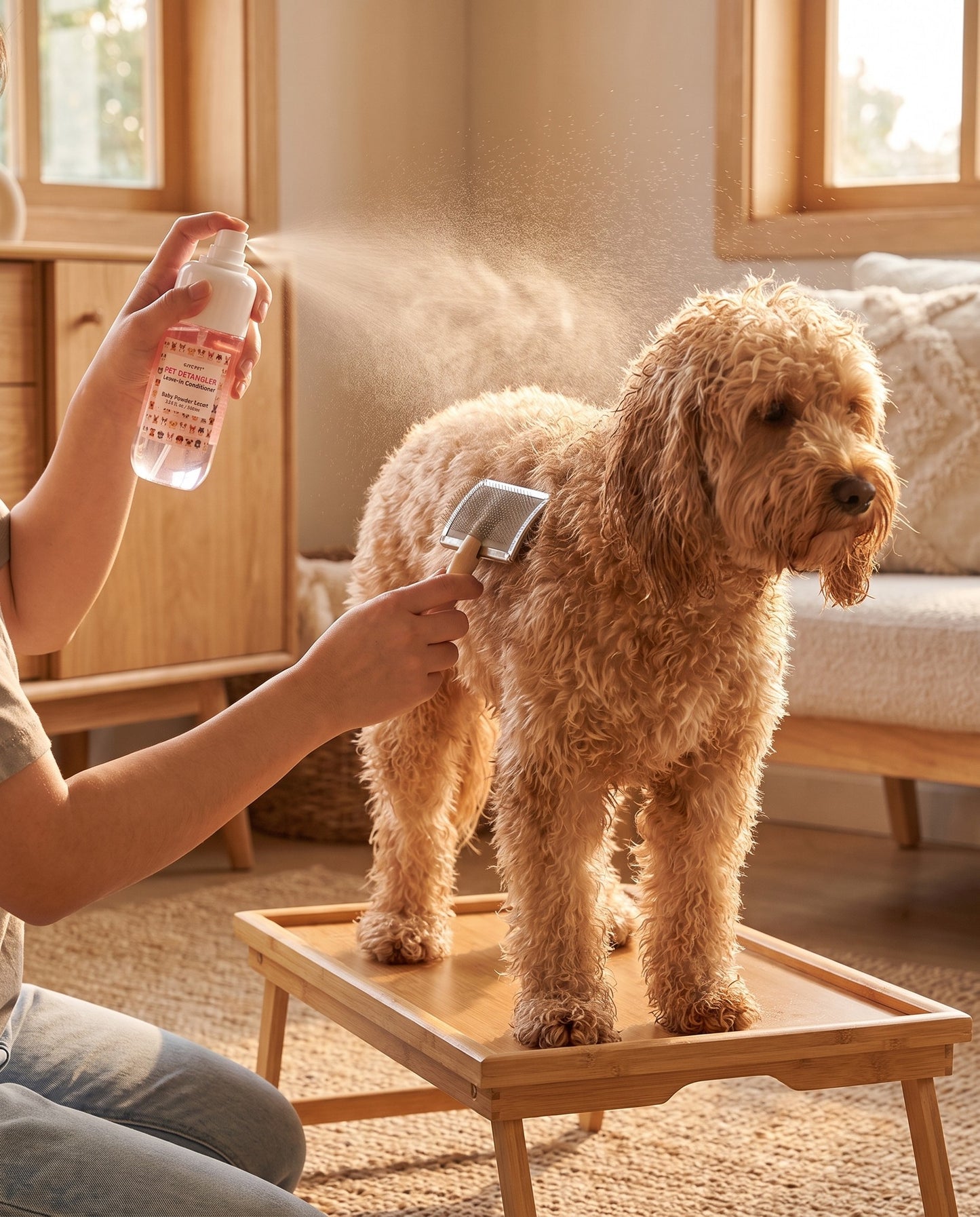 Baby Powder Detangler Spray for Dogs and Cats, in use at home