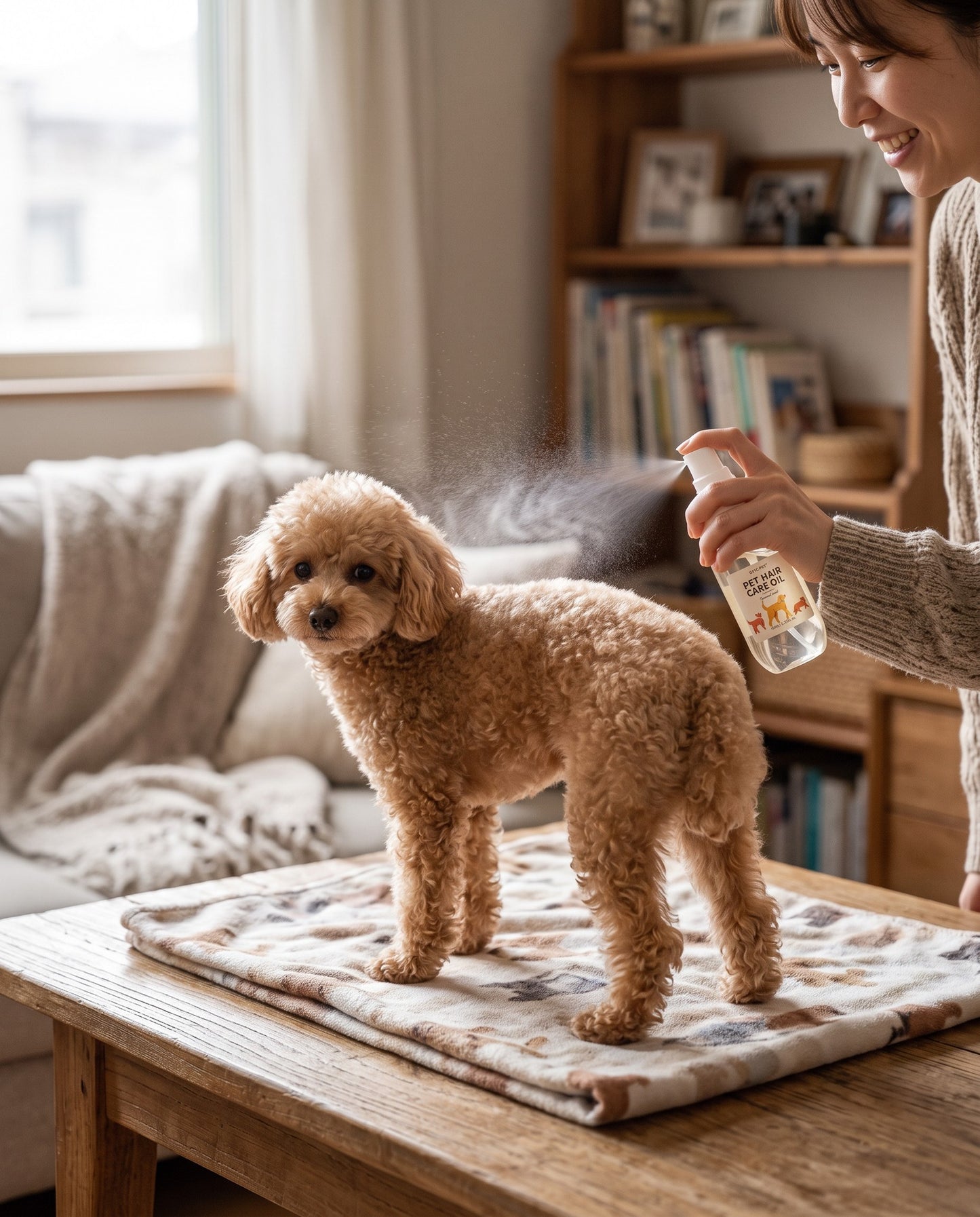 Pet Hair Care Oil Spray, Coconut, in use at home