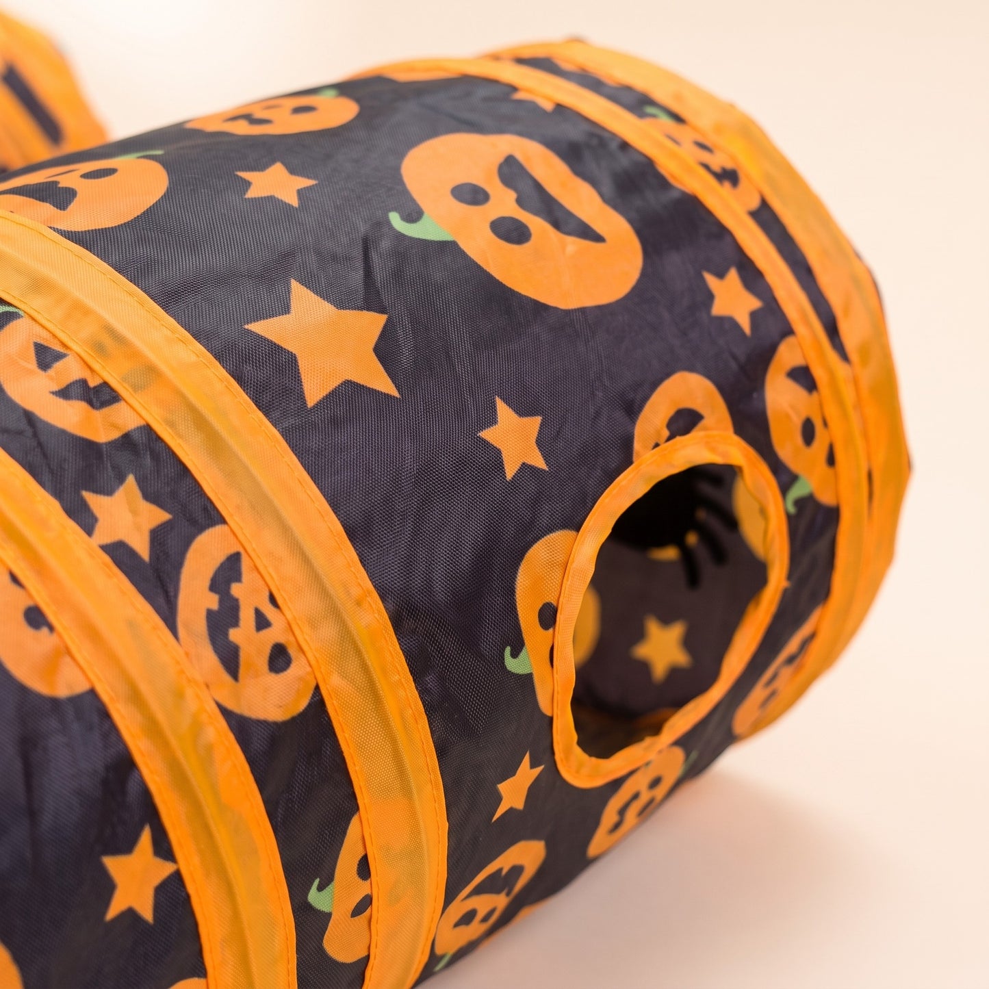 Three-Way Cat Play Tunnel, Pumpkin Print, close-up detail