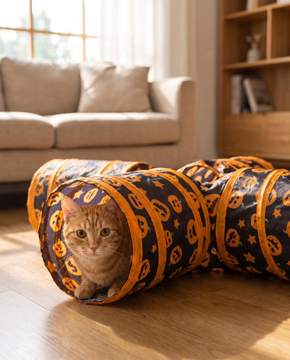 Three-Way Cat Play Tunnel, Pumpkin Print, in use at home