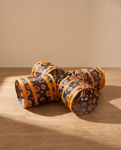 Three-Way Cat Play Tunnel, Pumpkin Print, styled in a home setting