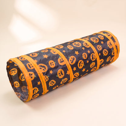 Three-Way Cat Play Tunnel, Pumpkin Print - straight
