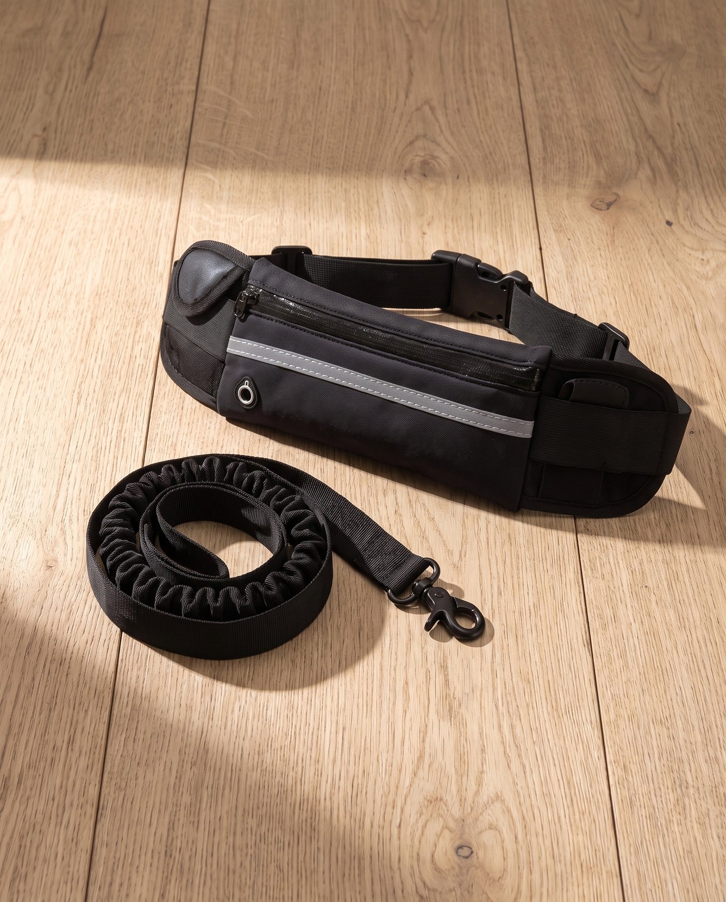 Hands-Free Leash with Waist Pack, styled in a home setting