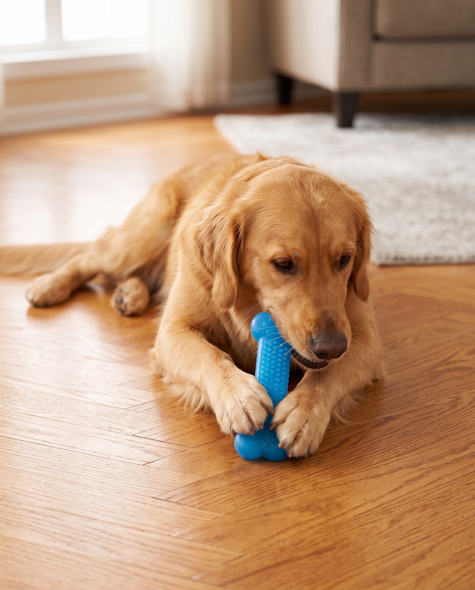 Textured Rubber Bone Chew Toy, in use at home