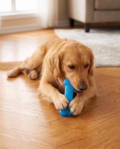 Textured Rubber Bone Chew Toy, in use at home