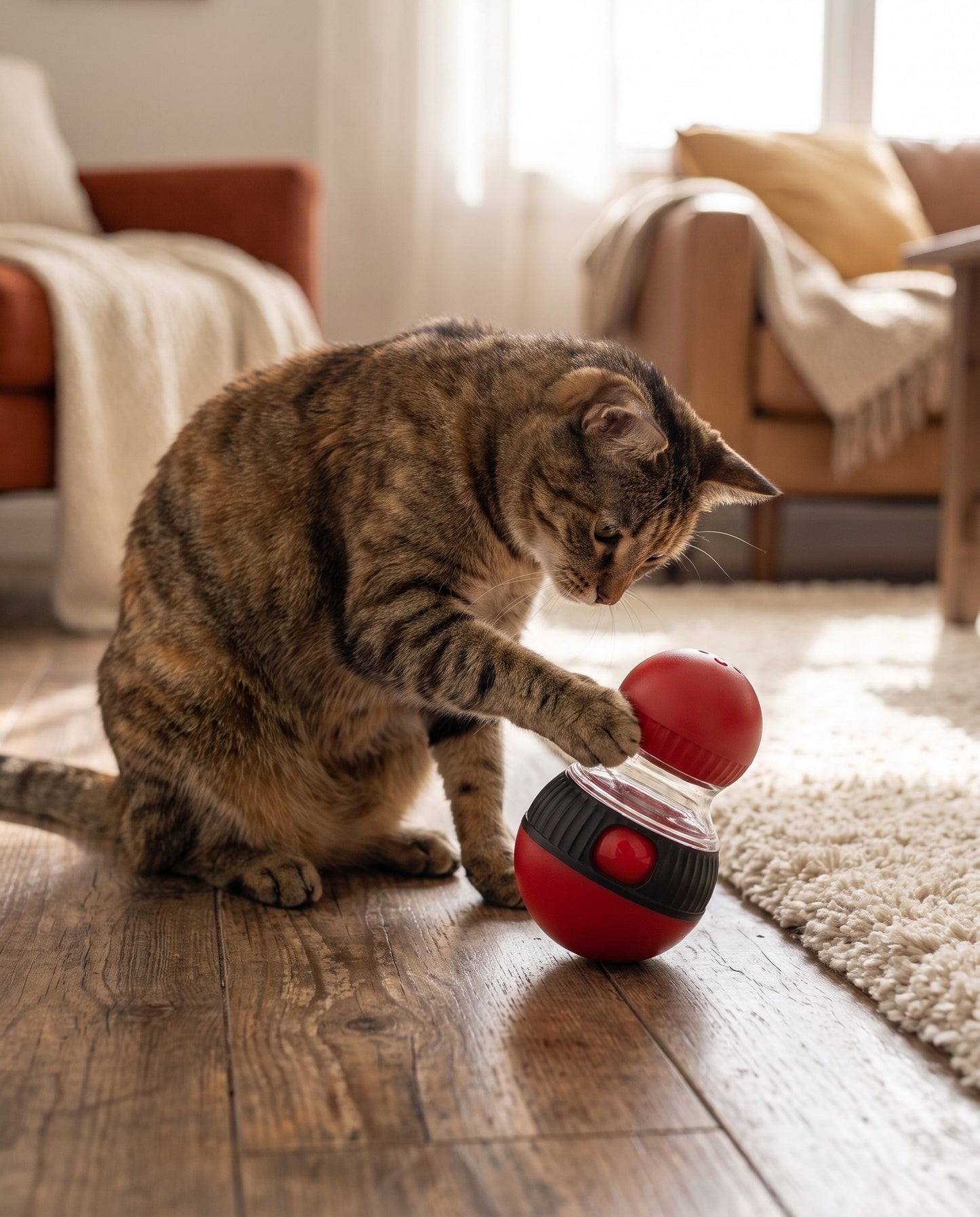 Wobbling Treat Dispenser Cat Toy, in use at home