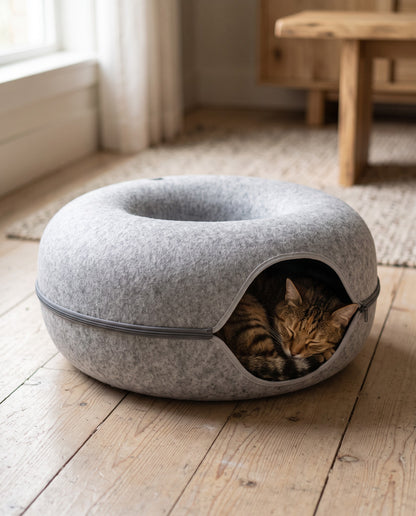 Felt Donut Cat Tunnel Bed, in use at home