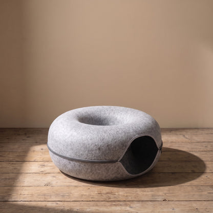Felt Donut Cat Tunnel Bed, styled in a home setting