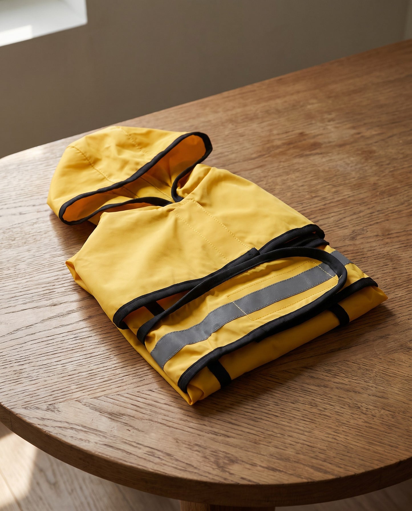Hooded Waterproof Dog Raincoat, styled in a home setting