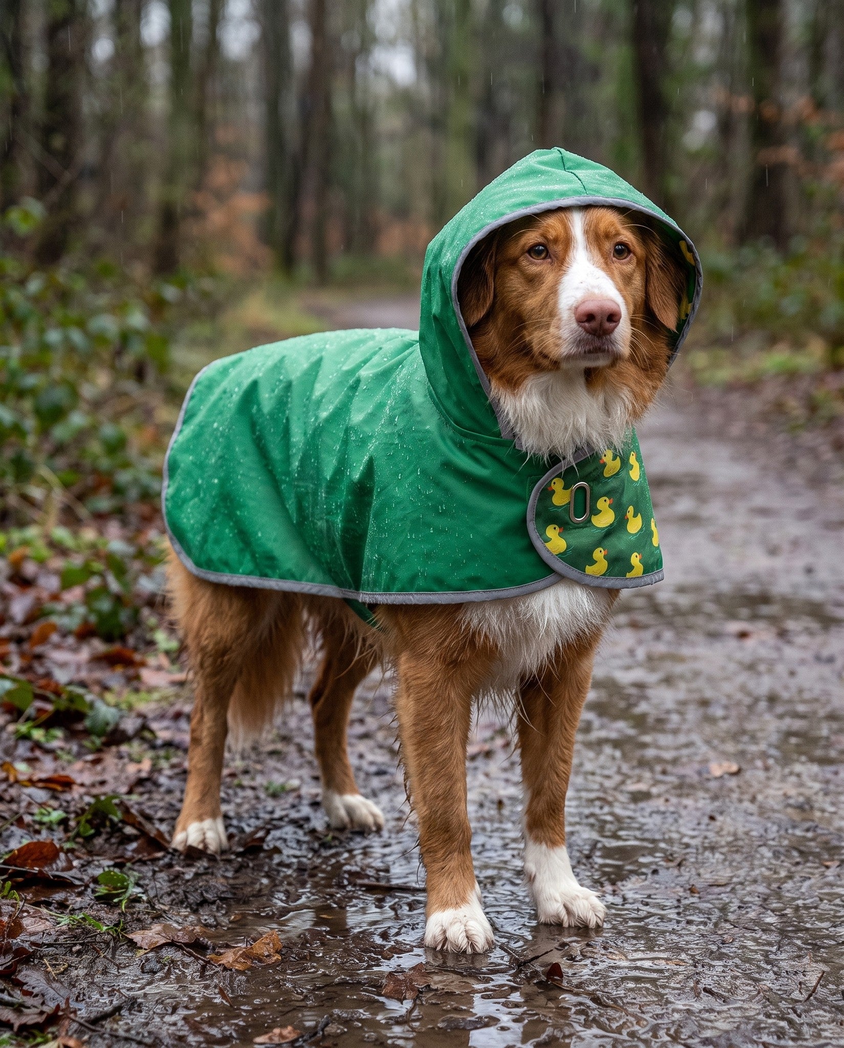 Reversible Hooded Dog Rain Cape, in use at home