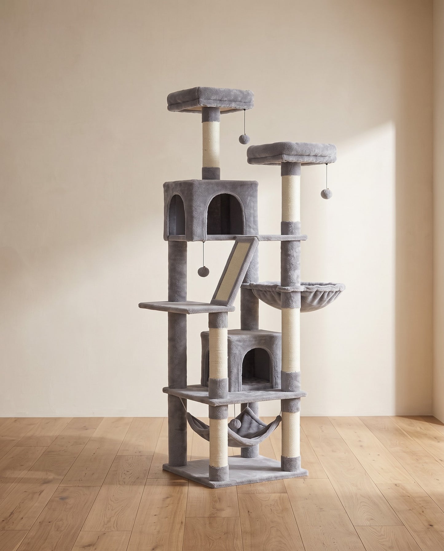 Large Multi-Level Cat Tree with Hammock, styled in a home setting