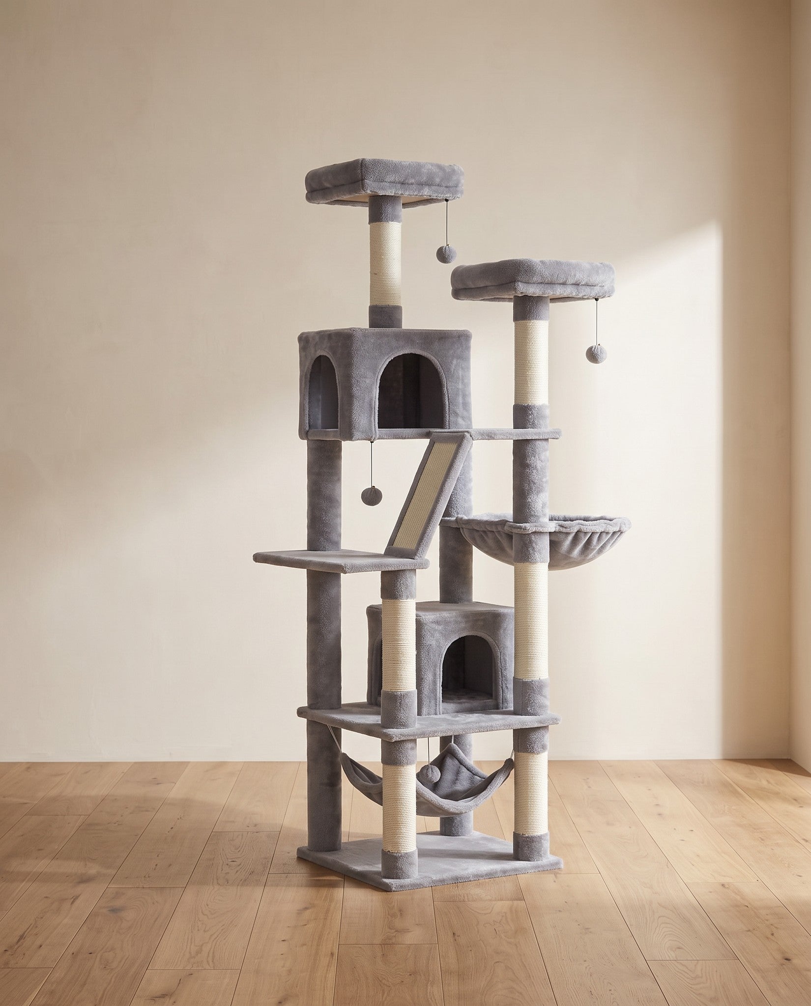 Large Multi-Level Cat Tree with Hammock, styled in a home setting