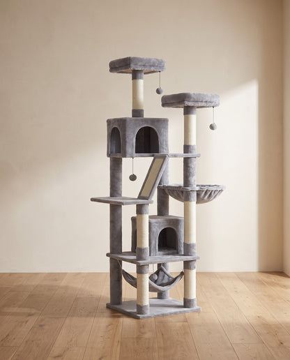 Large Multi-Level Cat Tree with Hammock, styled in a home setting
