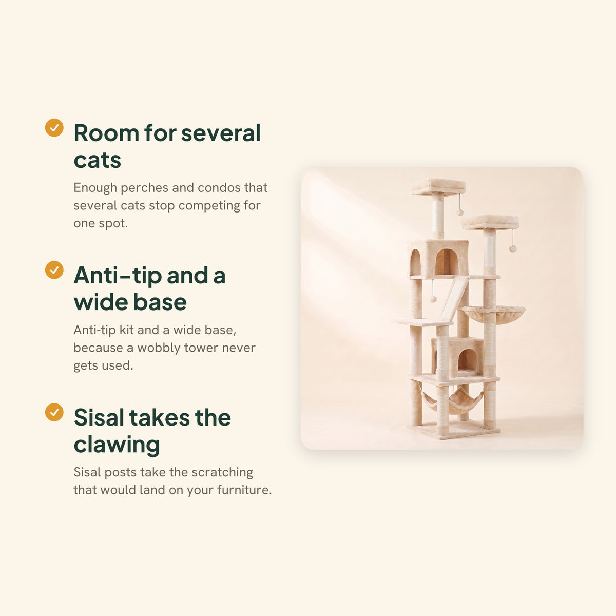 Multi-Level Cat Tree with Hammock, Beige, key benefits