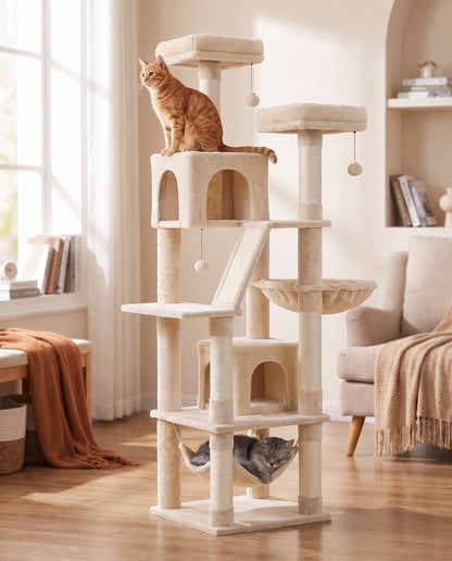 Multi-Level Cat Tree with Hammock, Beige, in use