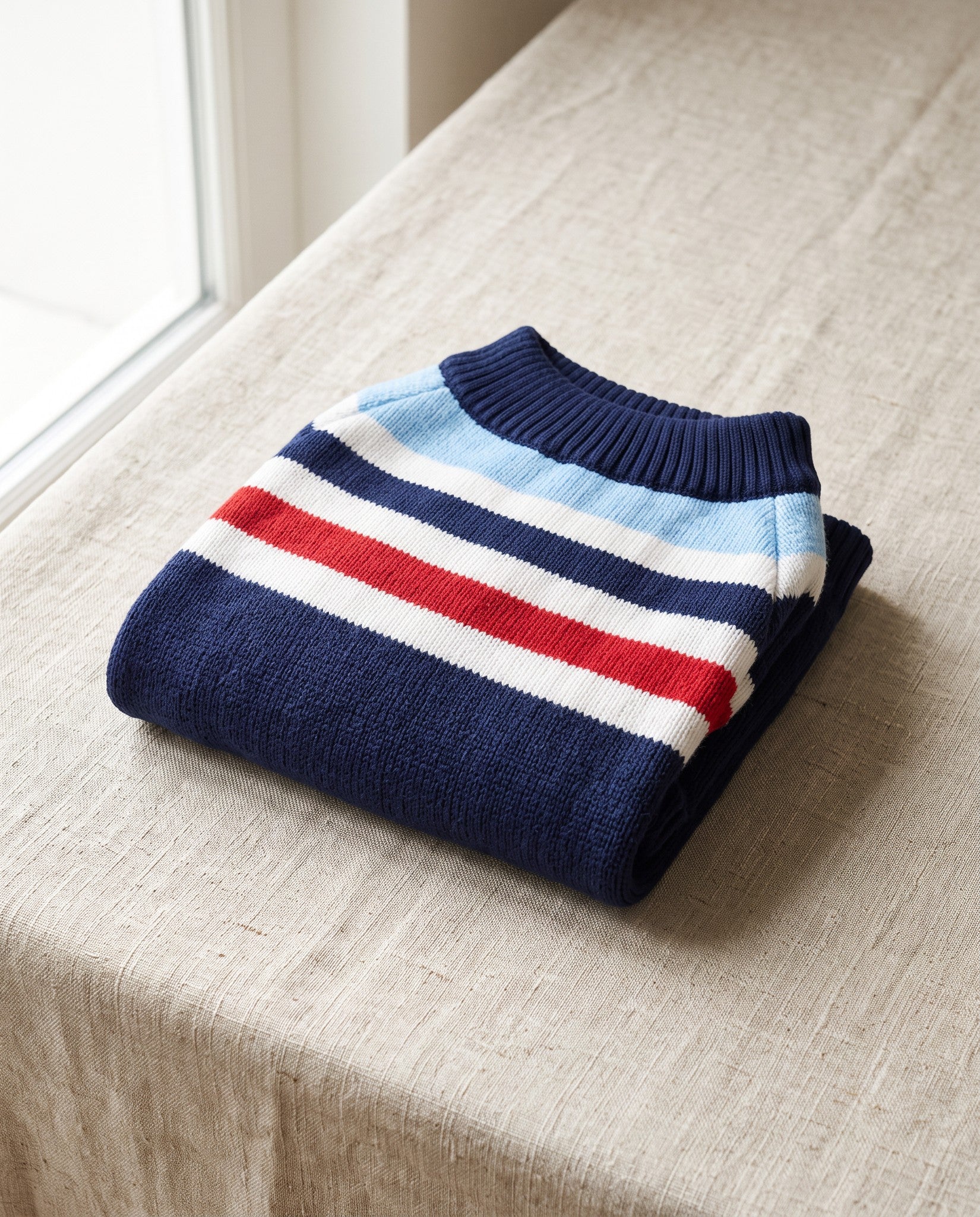 Striped Knit Jumper for Large Dogs, styled in a home setting