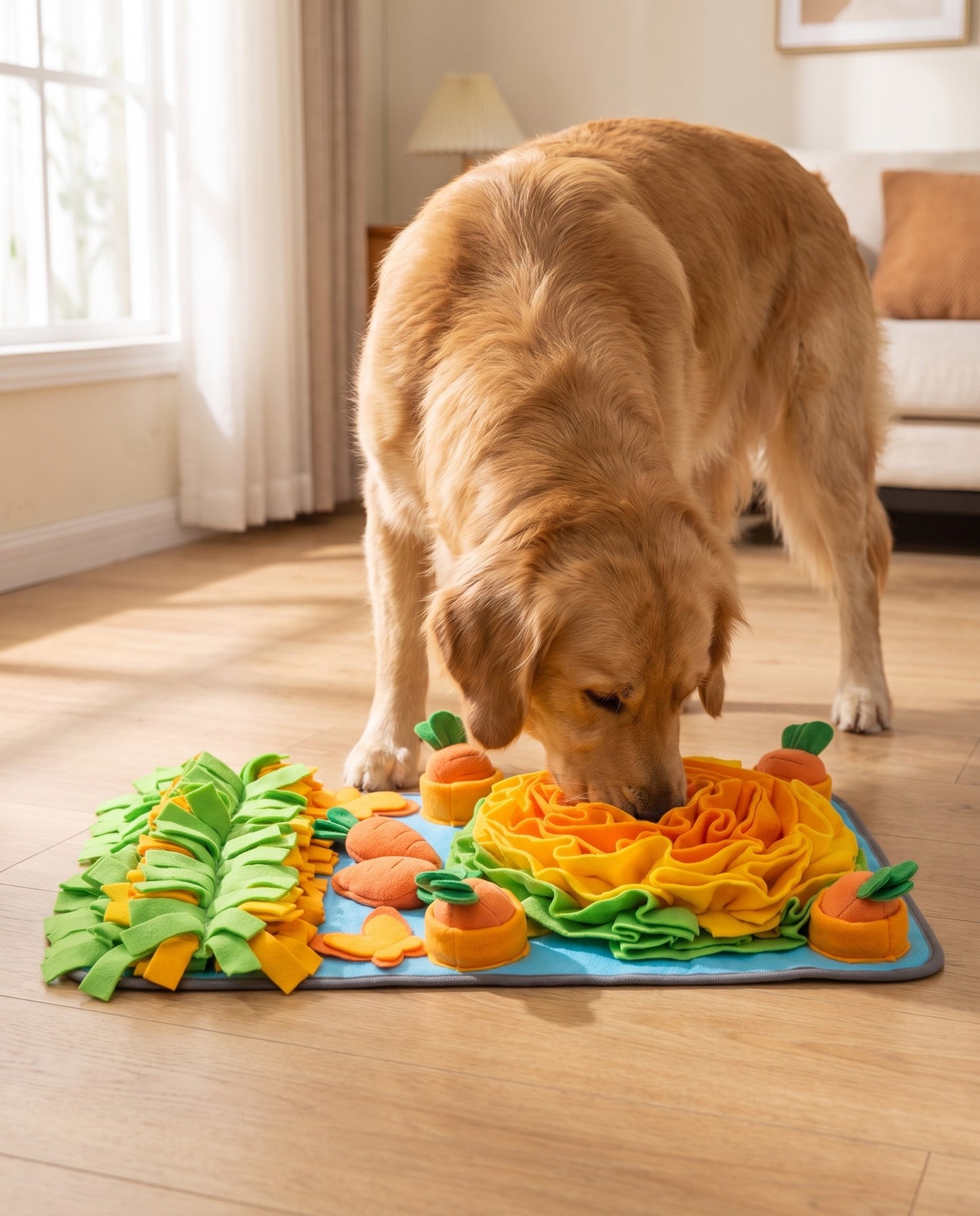 Large Snuffle Mat with Squeaky Carrots, in use at home