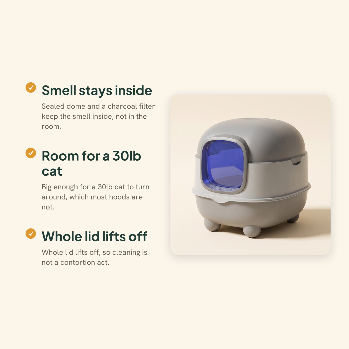 Enclosed Dome Litter Box with Charcoal Filter, key benefits