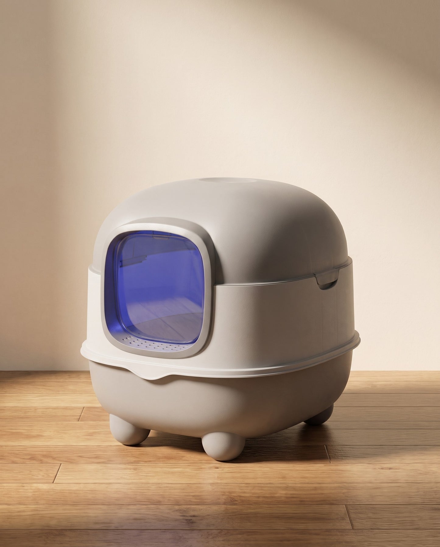 Enclosed Dome Litter Box with Charcoal Filter, styled in a home setting