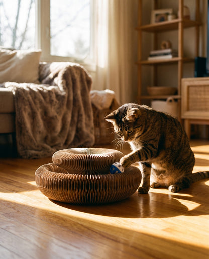 Folding Cardboard Cat Scratcher with Ball Track, in use at home