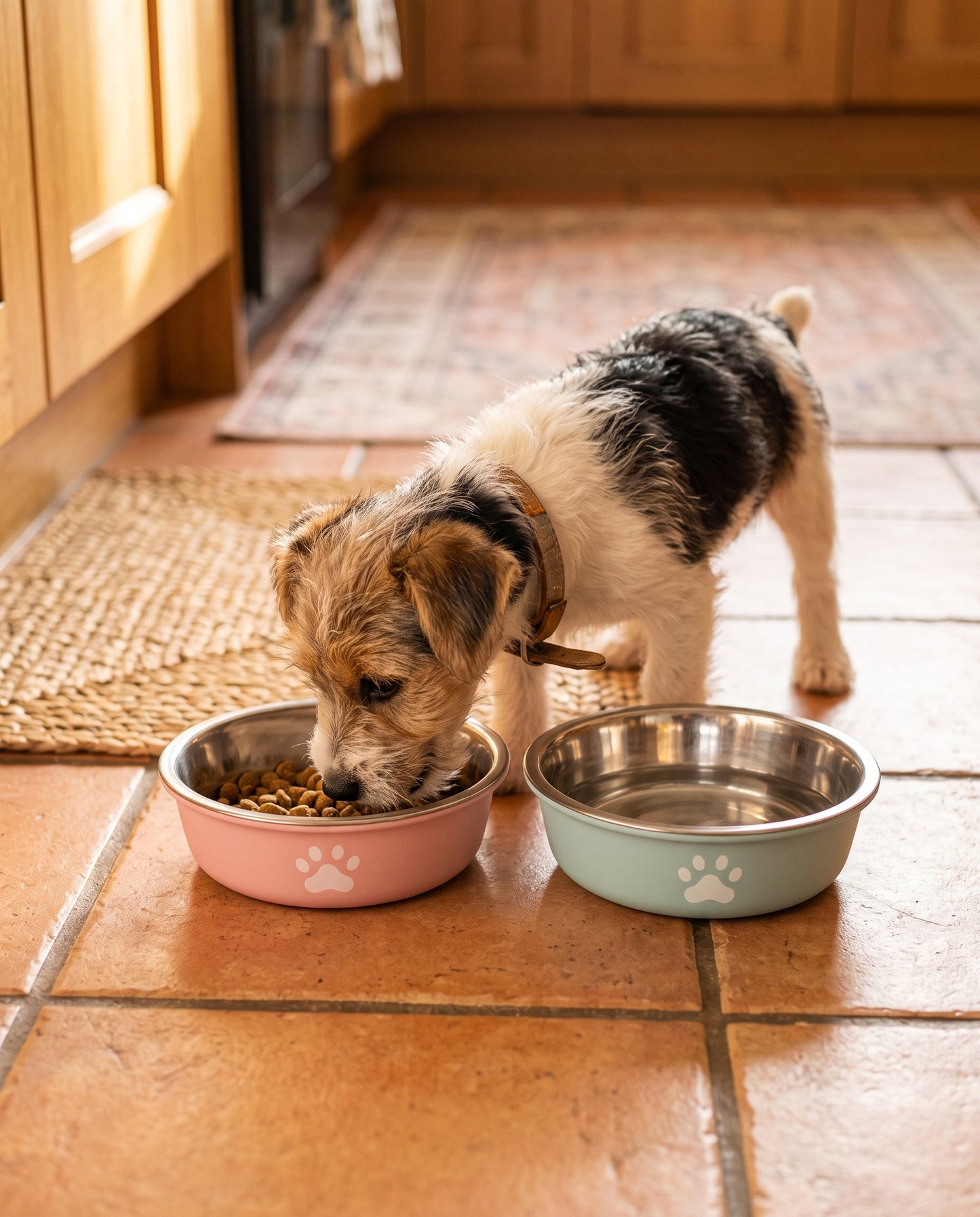 Stainless Steel Paw Print Bowl, Non-Slip, in use at home