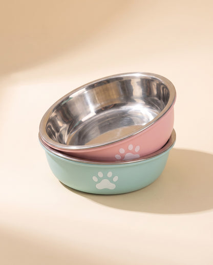 Stainless Steel Paw Print Bowl, Non-Slip, styled in a home setting
