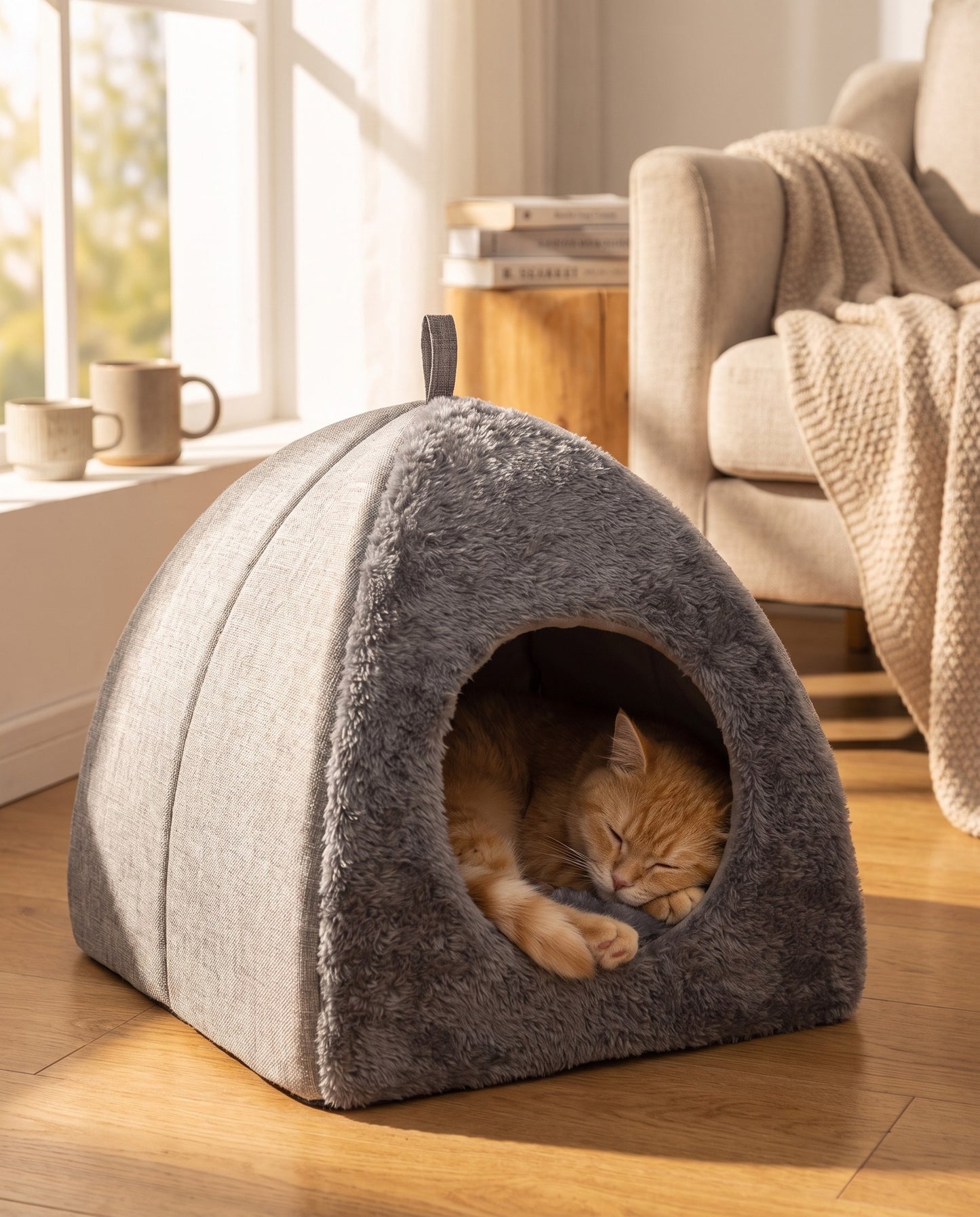 Triangle Felt Cat House, in use at home