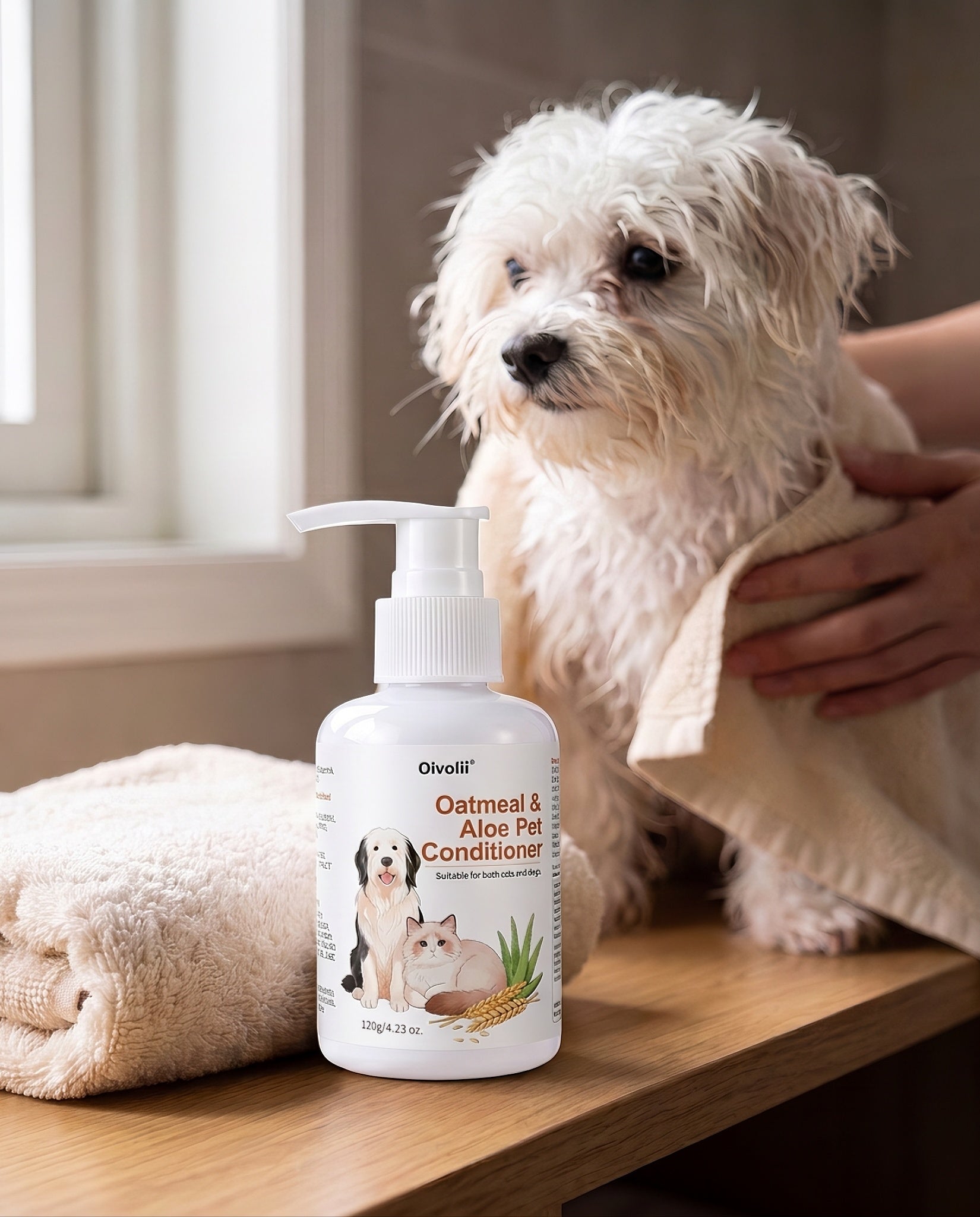 Oatmeal and Aloe Pet Conditioner, in use at home