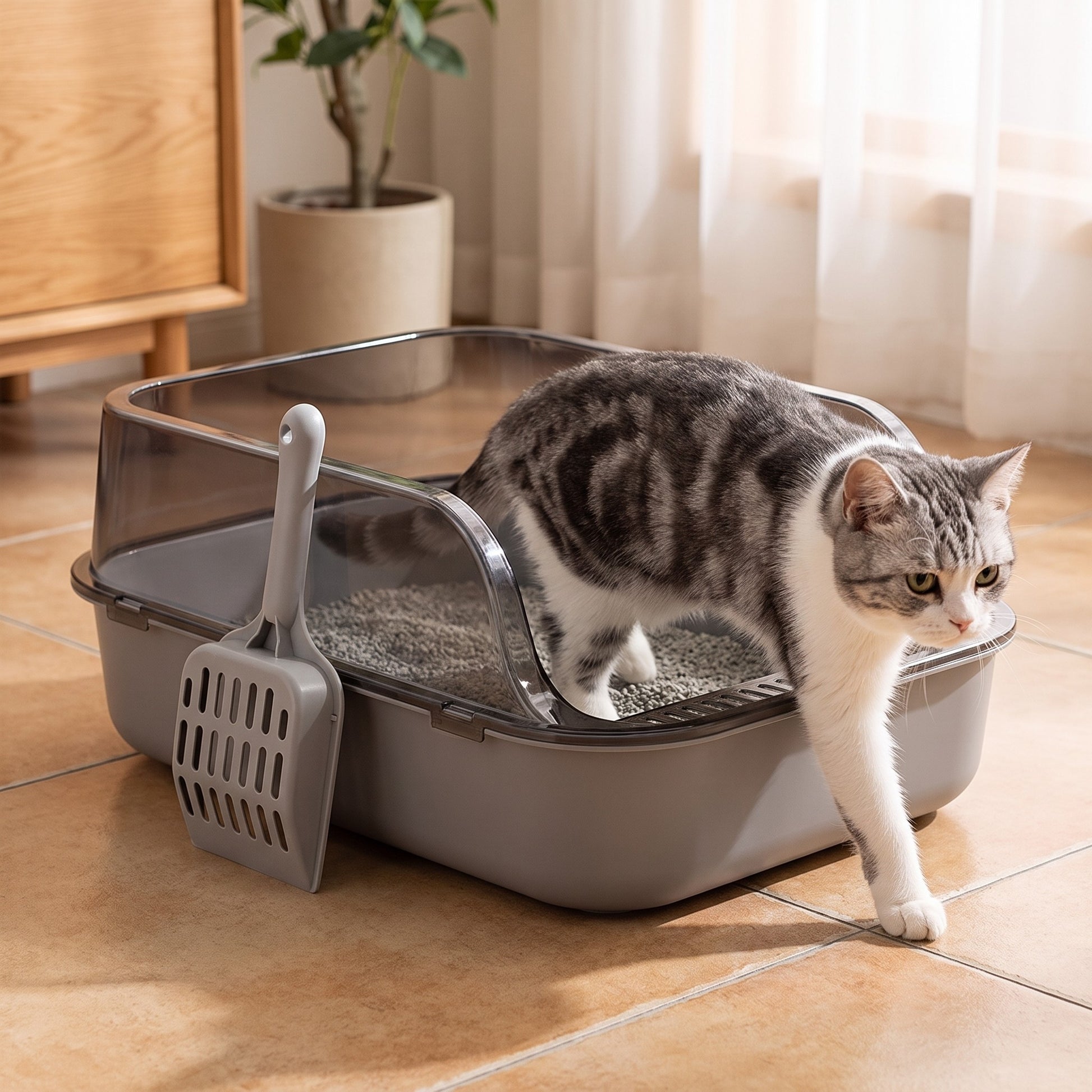 High-Sided Semi-Enclosed Litter Tray, in use at home