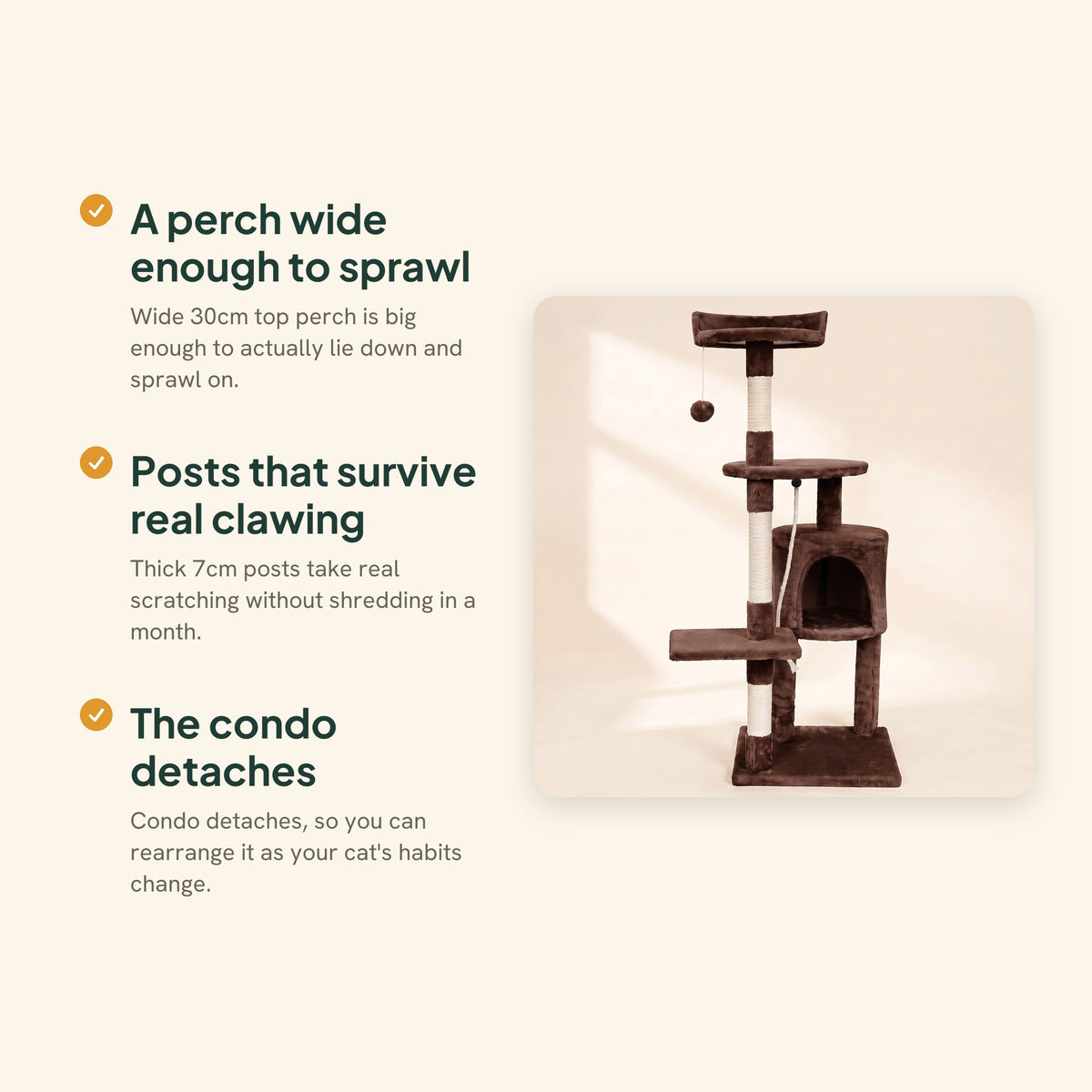 Cat Tree with Condo and Top Perch, Brown, key benefits