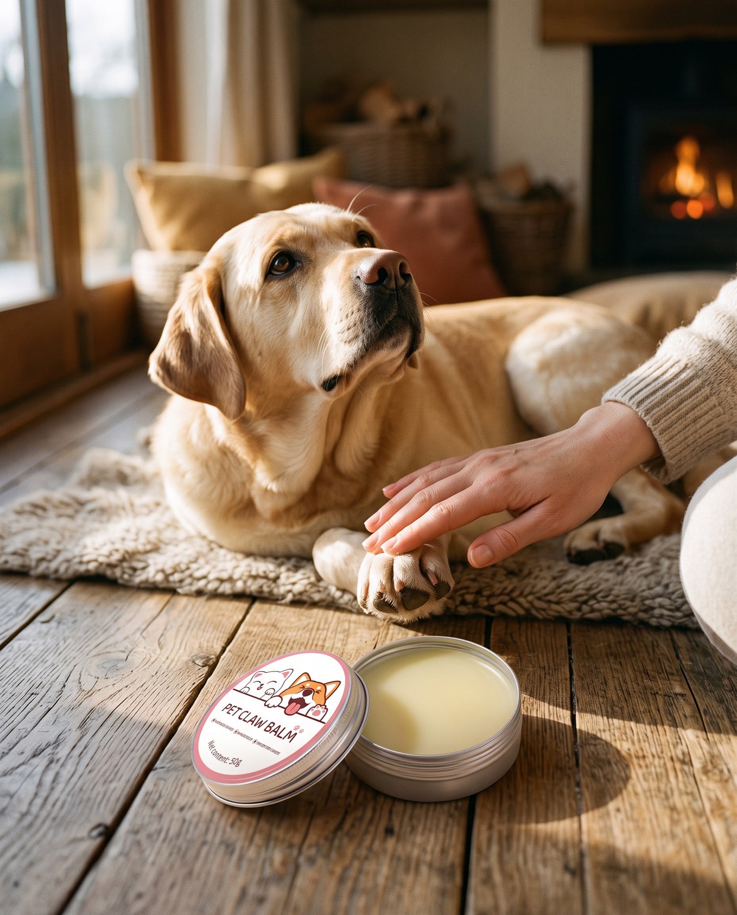 Beeswax Paw and Nose Balm Tin, 50g, in use at home
