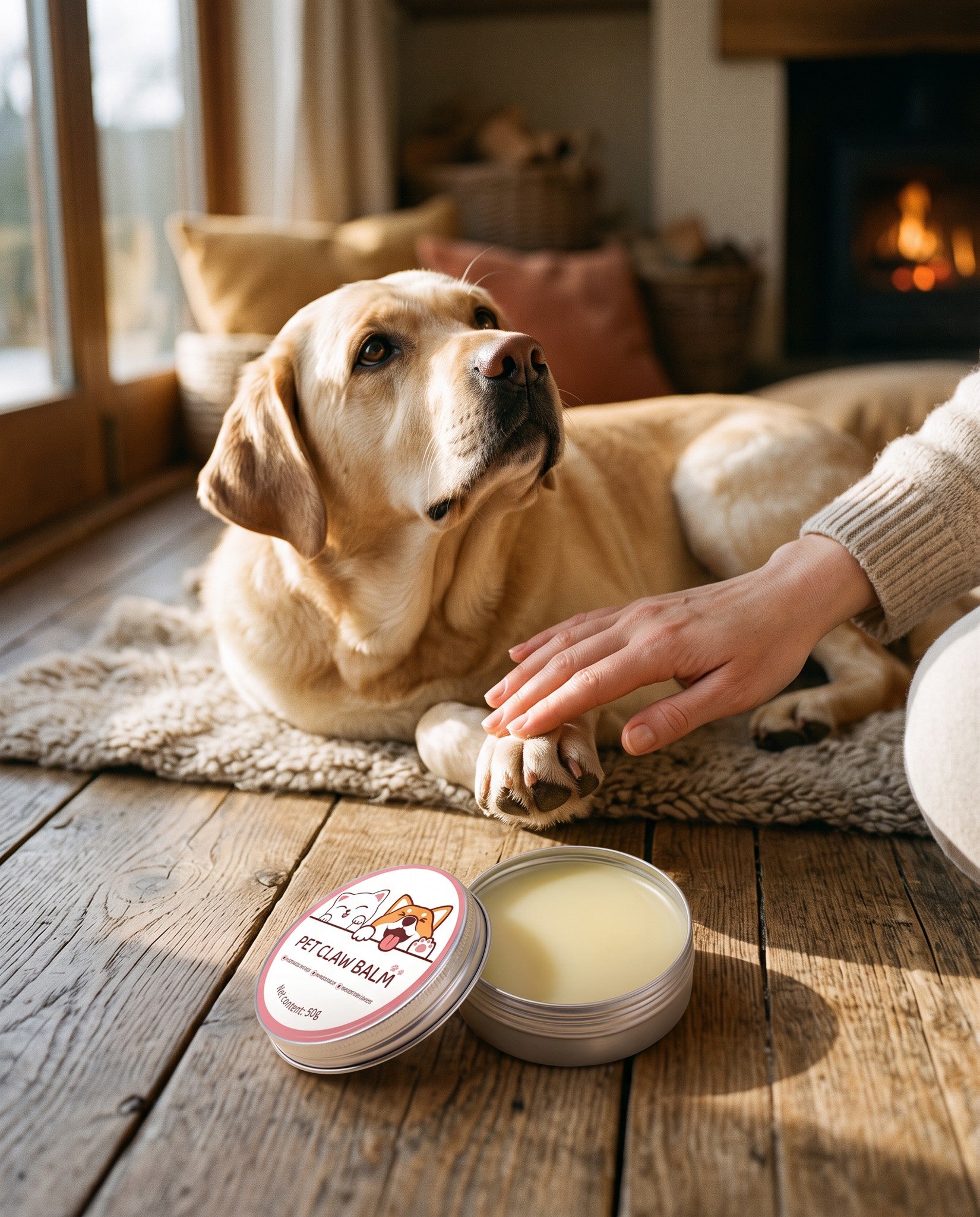 Beeswax Paw and Nose Balm Tin, 50g, in use at home