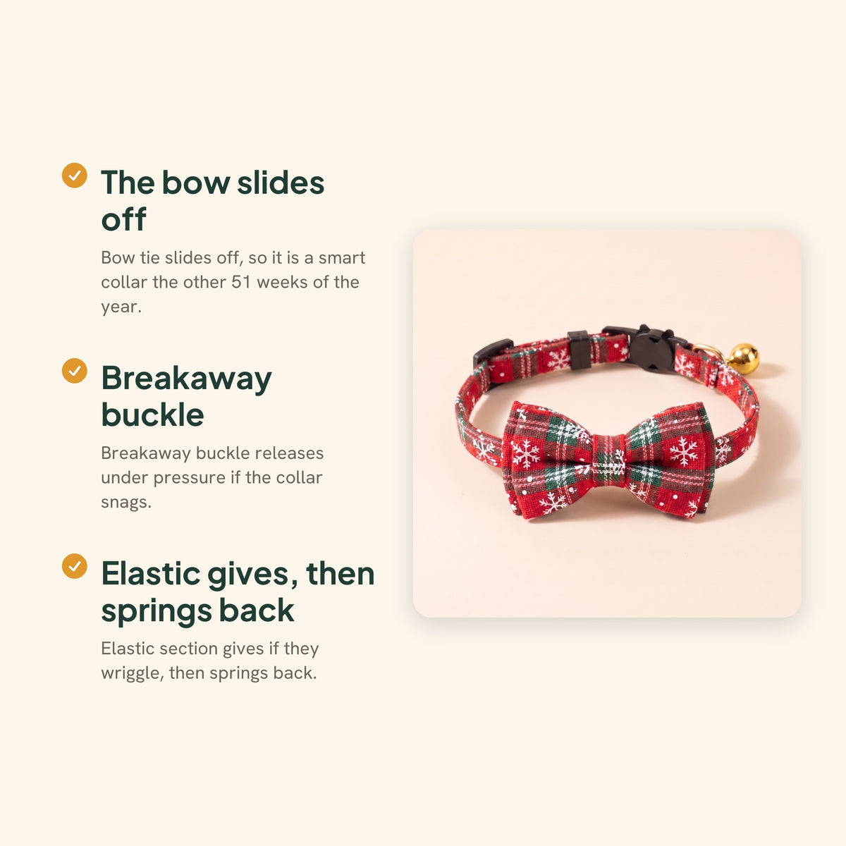Bow Tie Cat Collar, Red & White Snowflake Tartan, key benefits