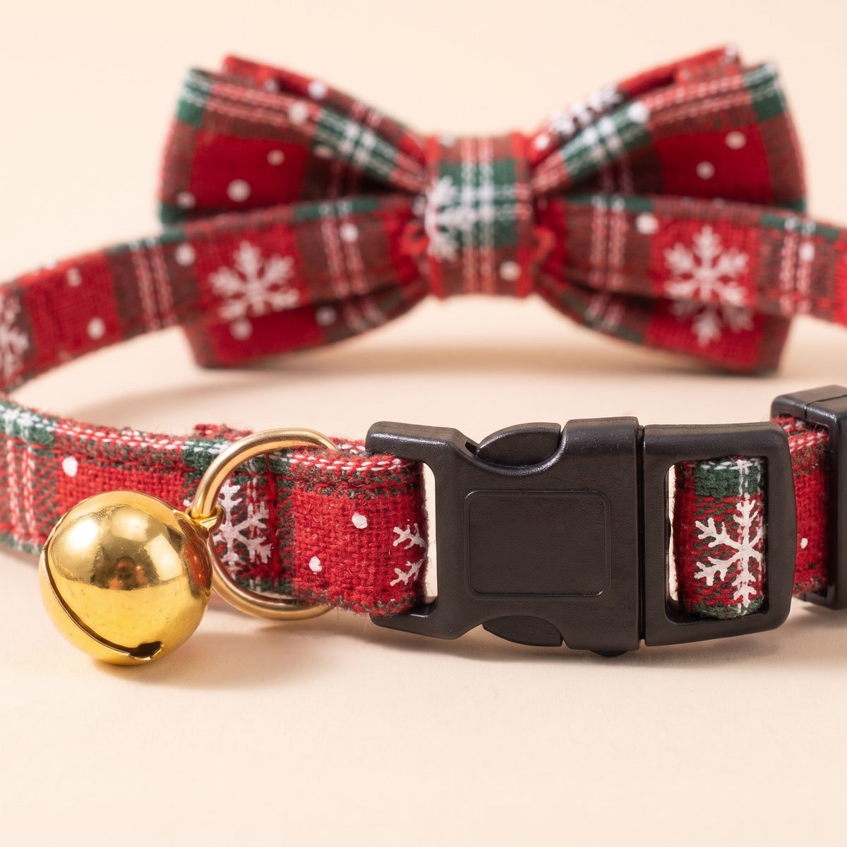 Bow Tie Cat Collar, Red & White Snowflake Tartan, close-up detail