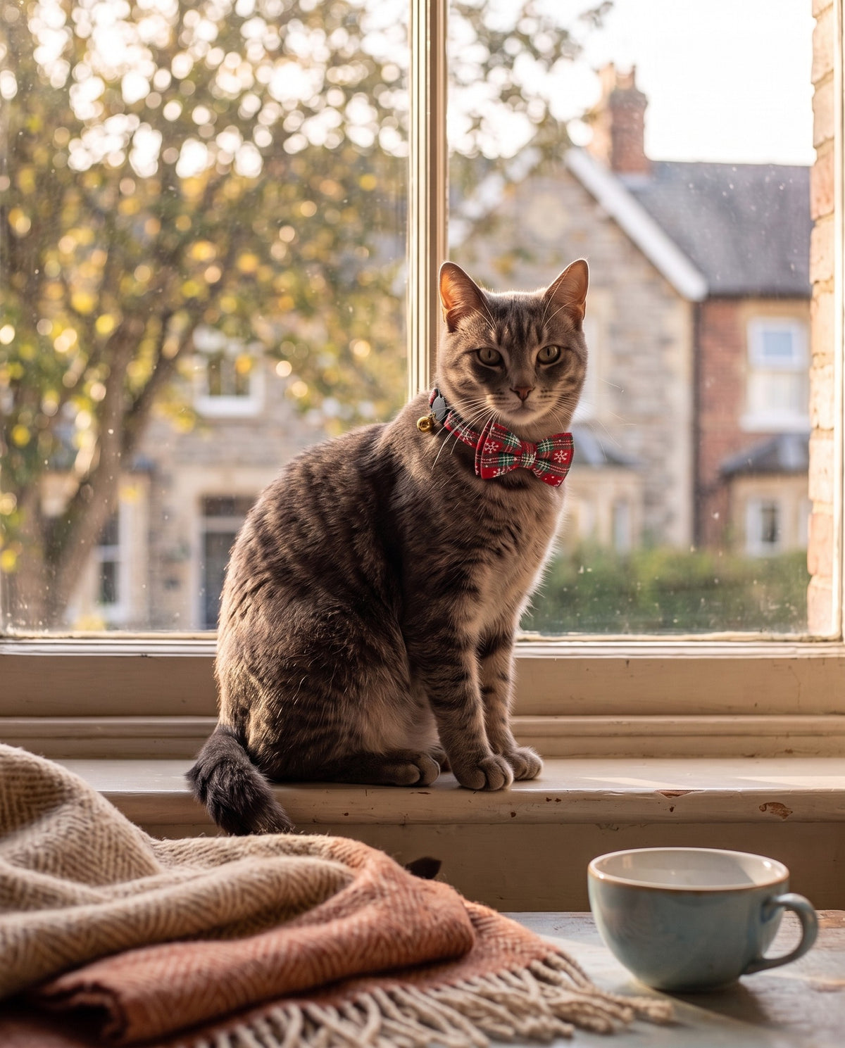 Bow Tie Cat Collar, Red & White Snowflake Tartan, in use