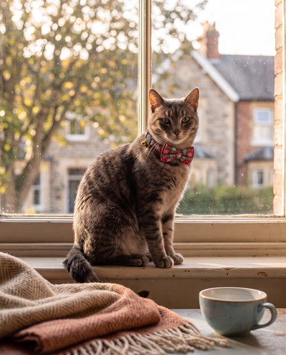 Bow Tie Cat Collar, Red & White Snowflake Tartan, in use
