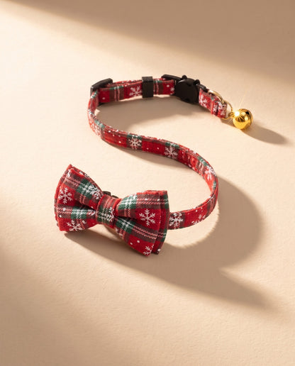Bow Tie Cat Collar, Red & White Snowflake Tartan