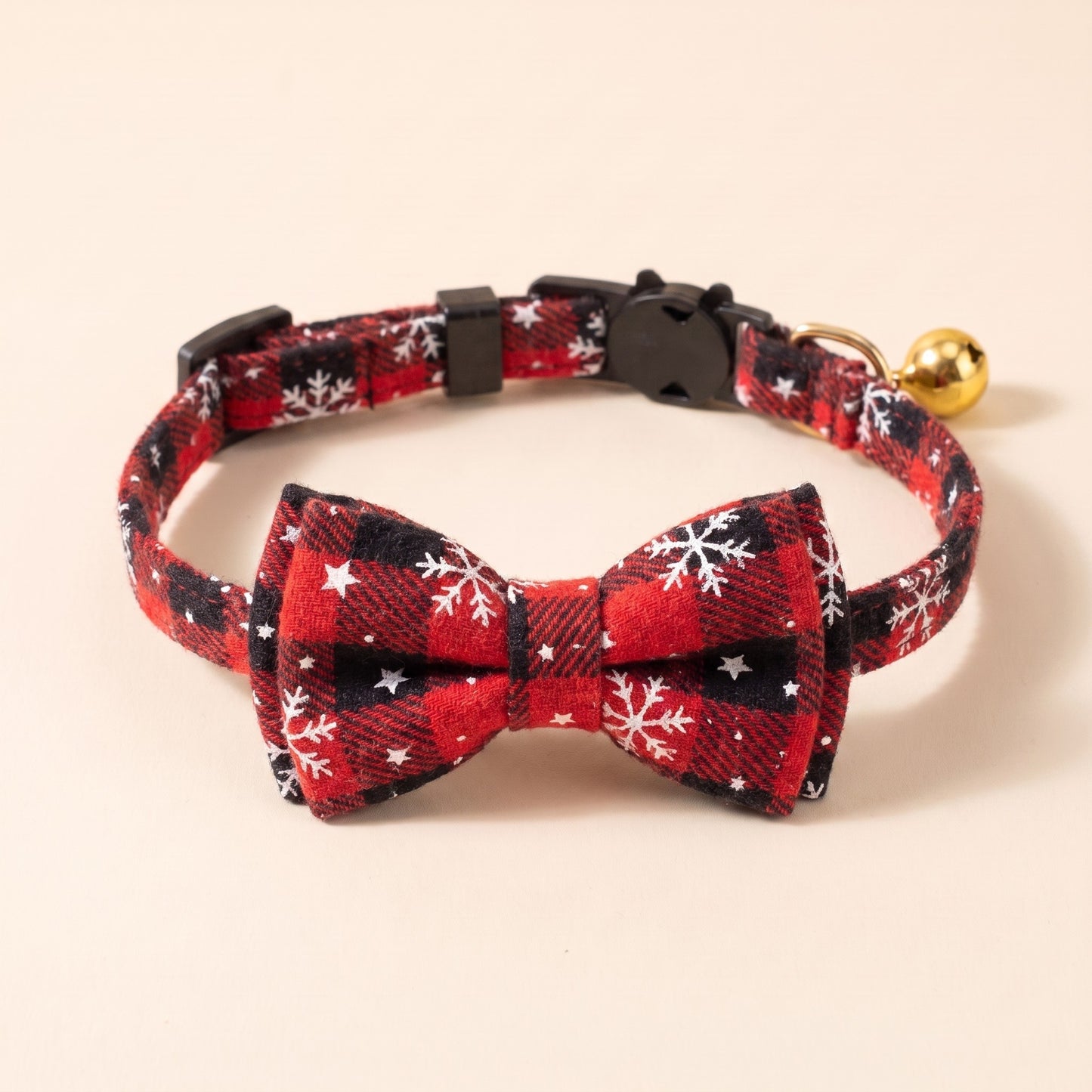 Breakaway Cat Collar with Bow Tie - Bright Red Snowflake Check