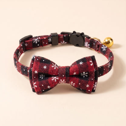 Breakaway Cat Collar with Bow Tie - Red Snowflake Plaid