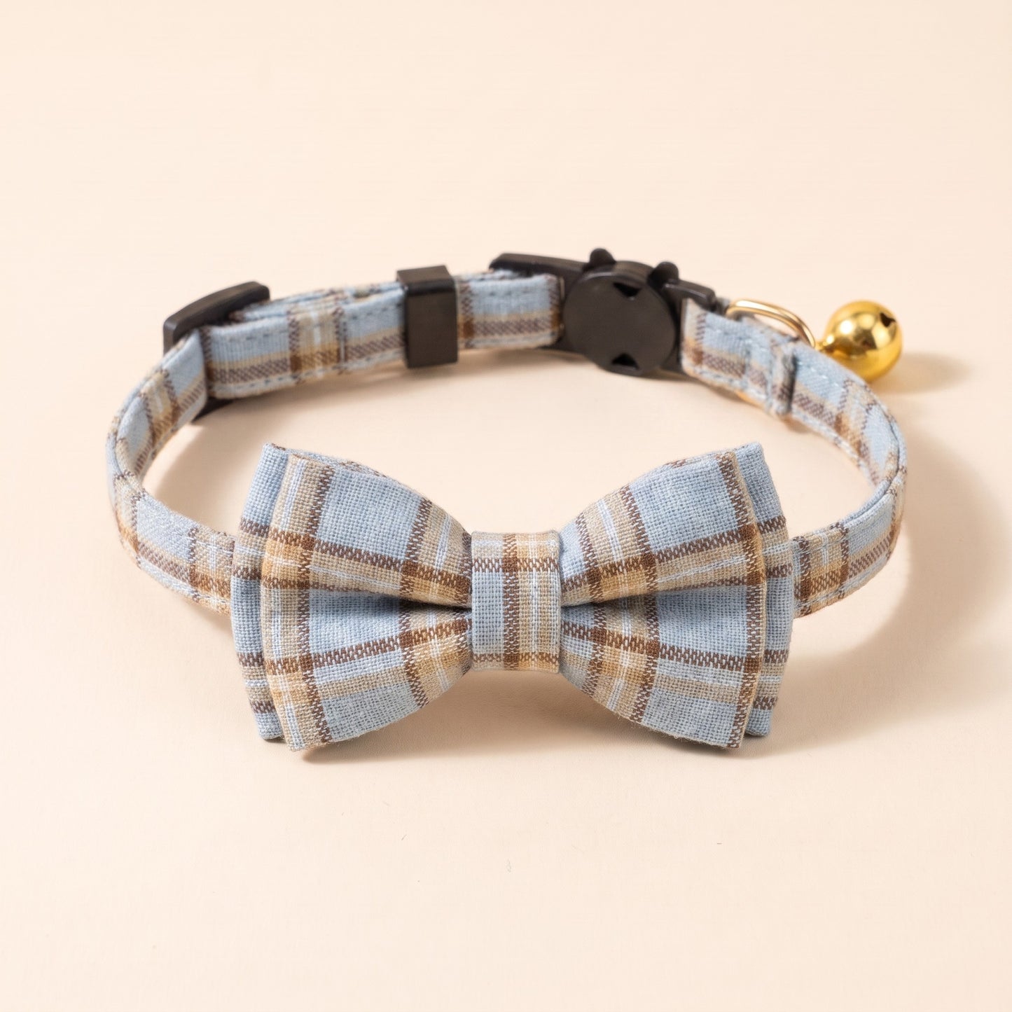 Breakaway Cat Collar with Bow Tie - Sky Blue Caramel Check