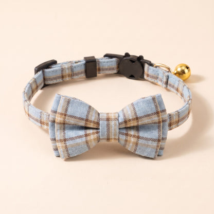 Breakaway Cat Collar with Bow Tie - Sky Blue Caramel Check