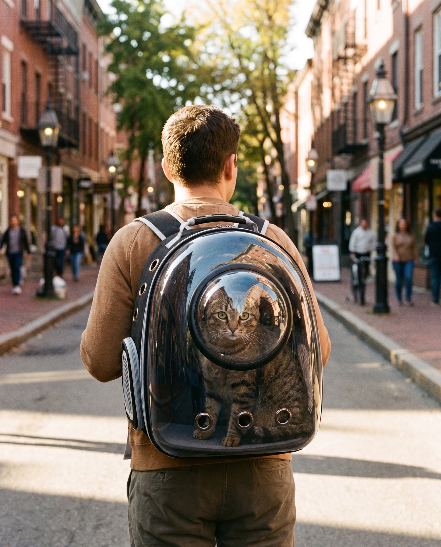 Space Capsule Pet Backpack Carrier, in use at home