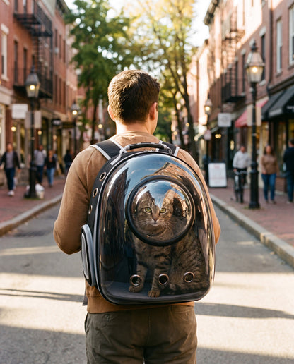 Space Capsule Pet Backpack Carrier, in use at home