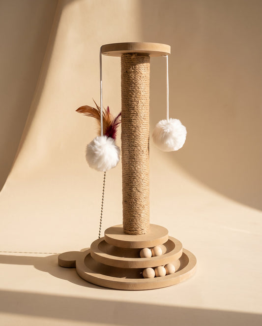 Sisal Post with Ball Track Base, styled in a home setting